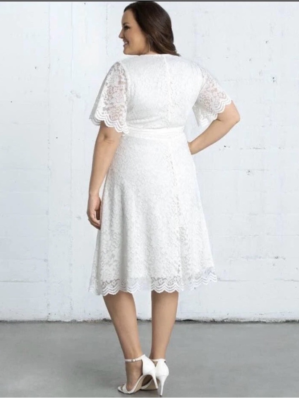 Kiyonna Bridal Dress Midi Size 0X Large Ivory Lace Day Dress Short Sleeves 10/12 - Picture 10 of 11